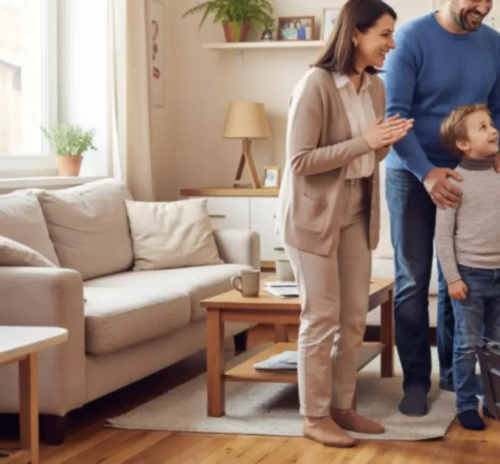 Uśmiechnięta rodzina w naprawionym mieszkaniu po interwencji Fixorynex