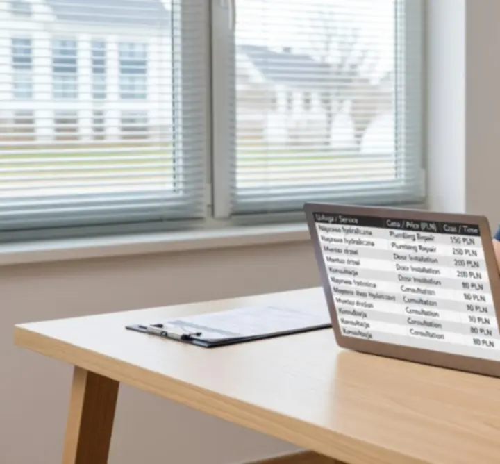 Technik Fixorynex analizujący tabelę cen usług awaryjnych